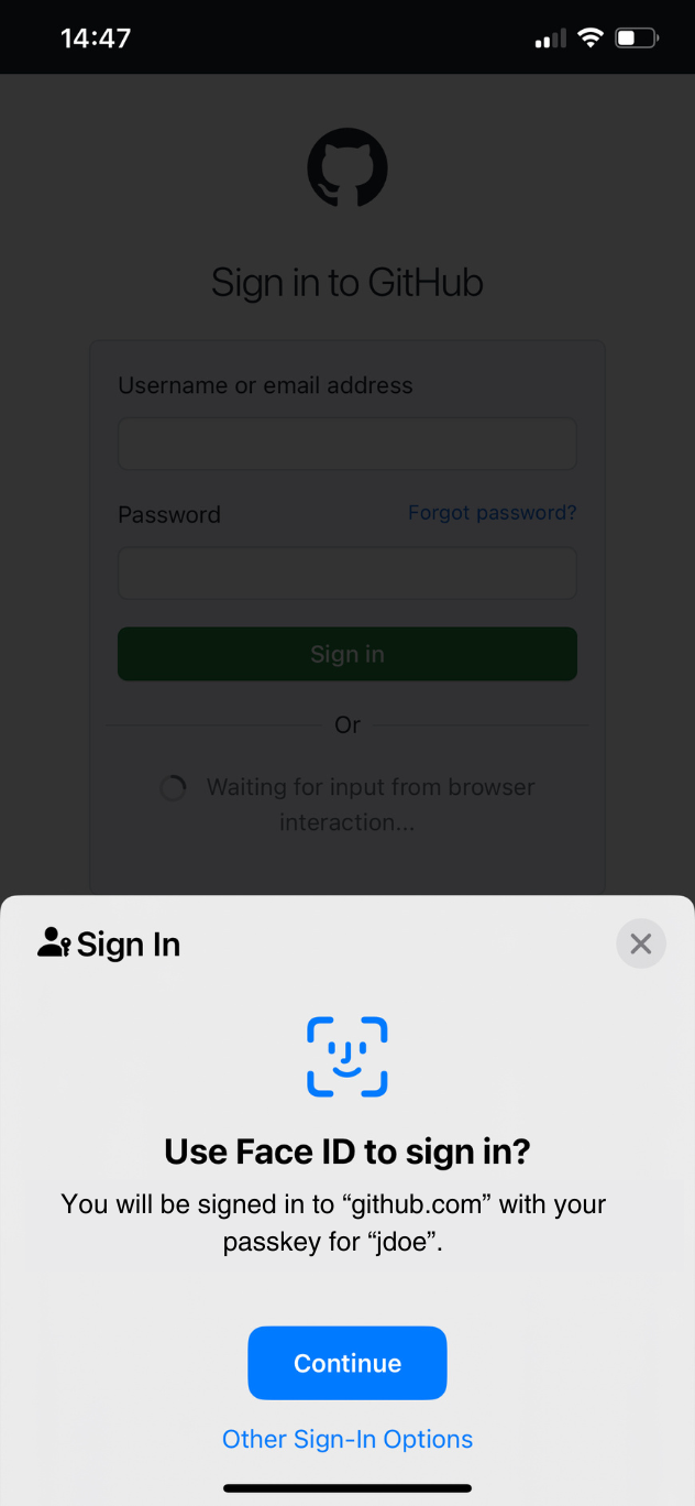 Passkey being used to sign in to GitHub