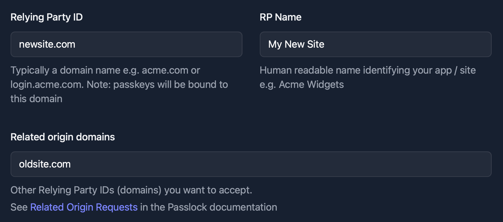 Passlock tenancy settings showing a new primary rpID with a legacy related origin