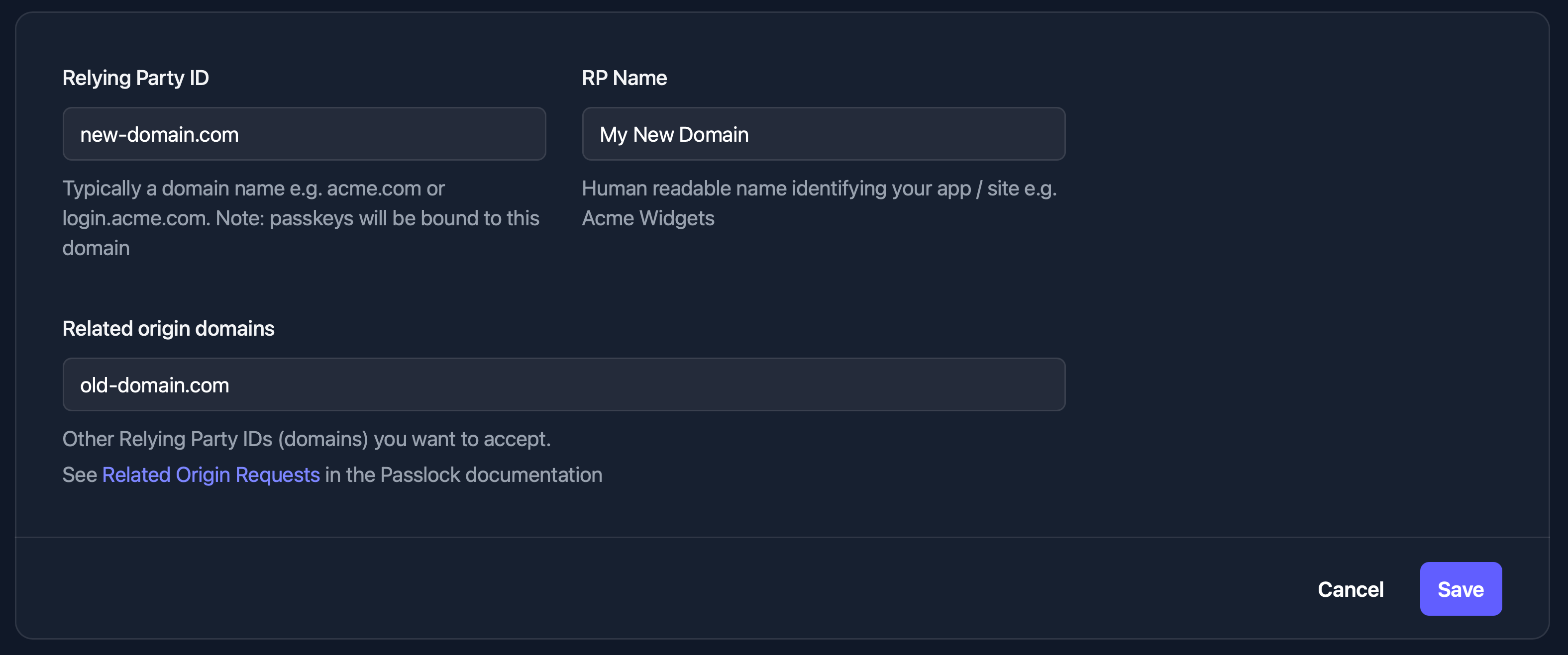 Passlock tenancy settings for old-domain.com