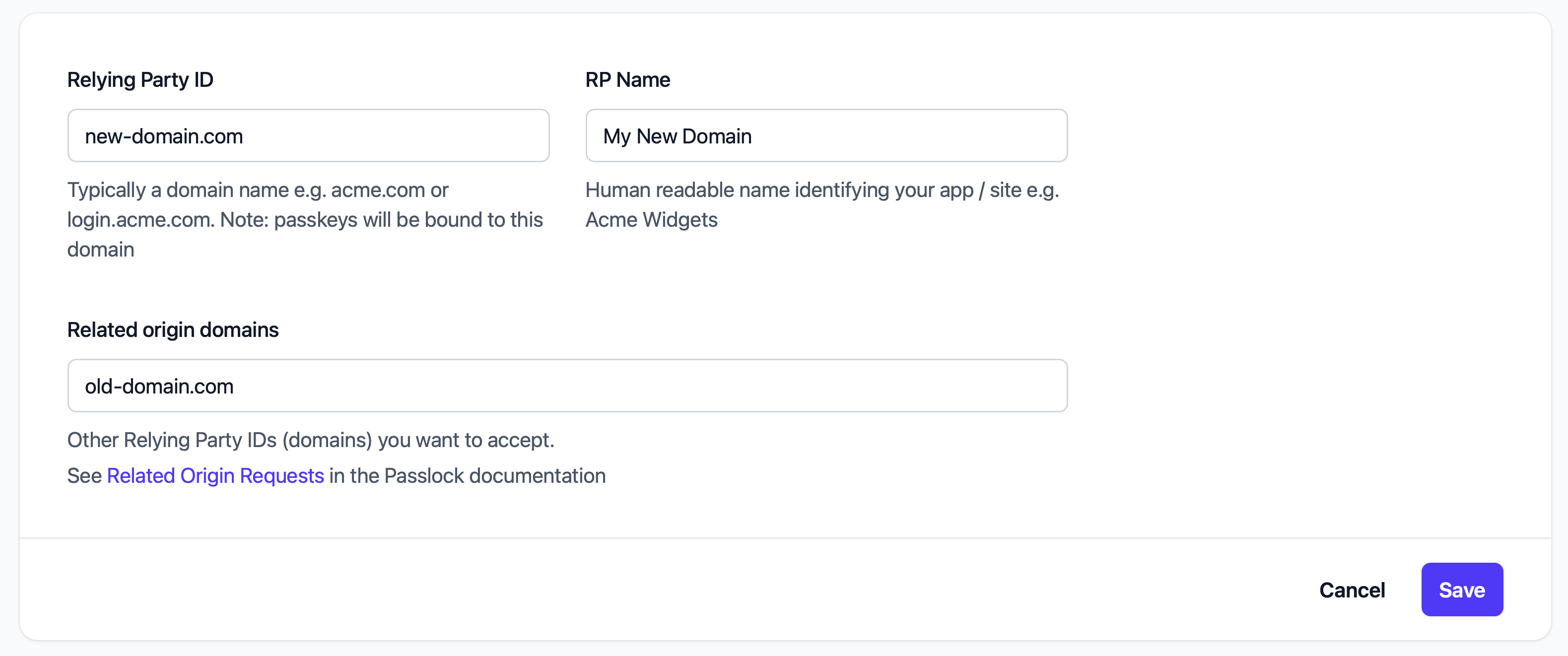 Passlock tenancy settings for old-domain.com