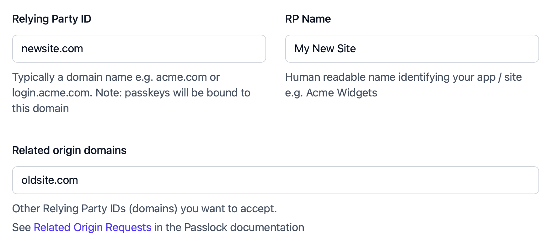 Passlock tenancy settings showing a new primary rpID with a legacy related origin