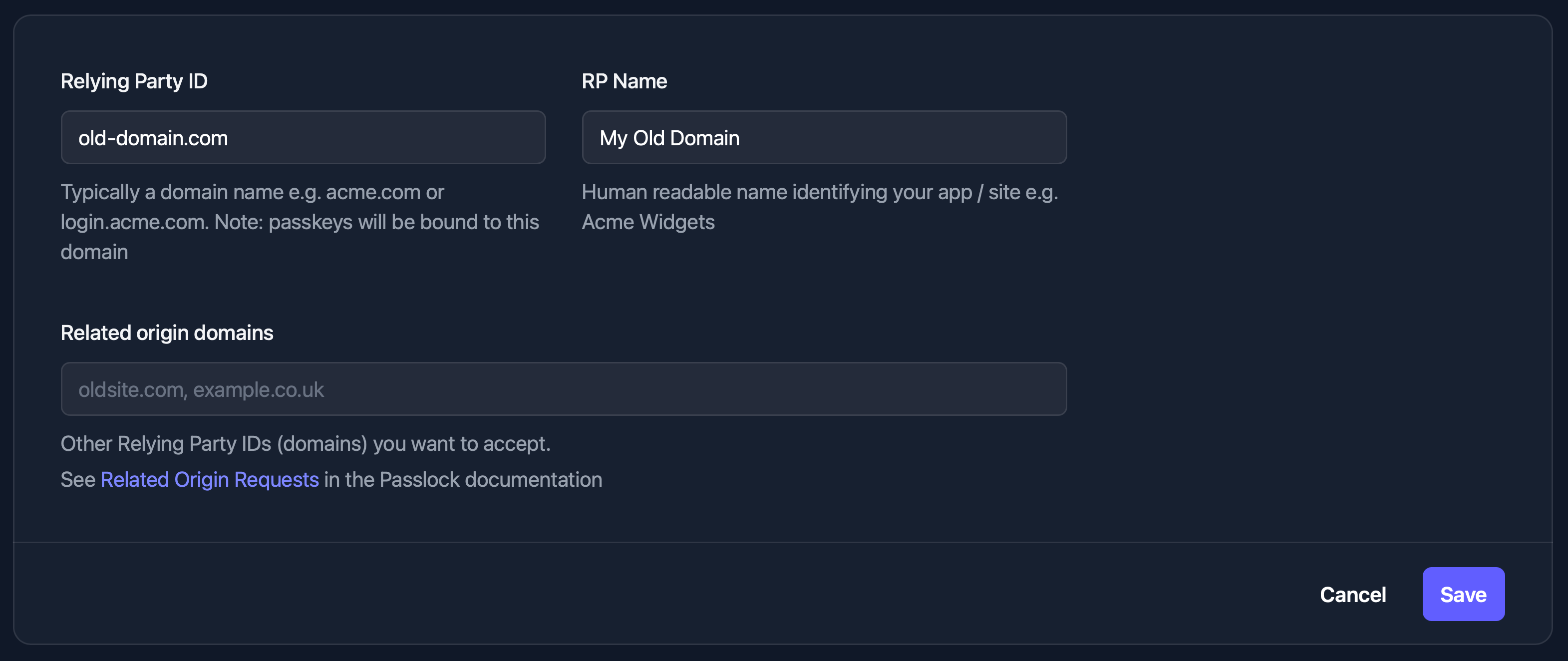 Passlock tenancy settings for old-domain.com