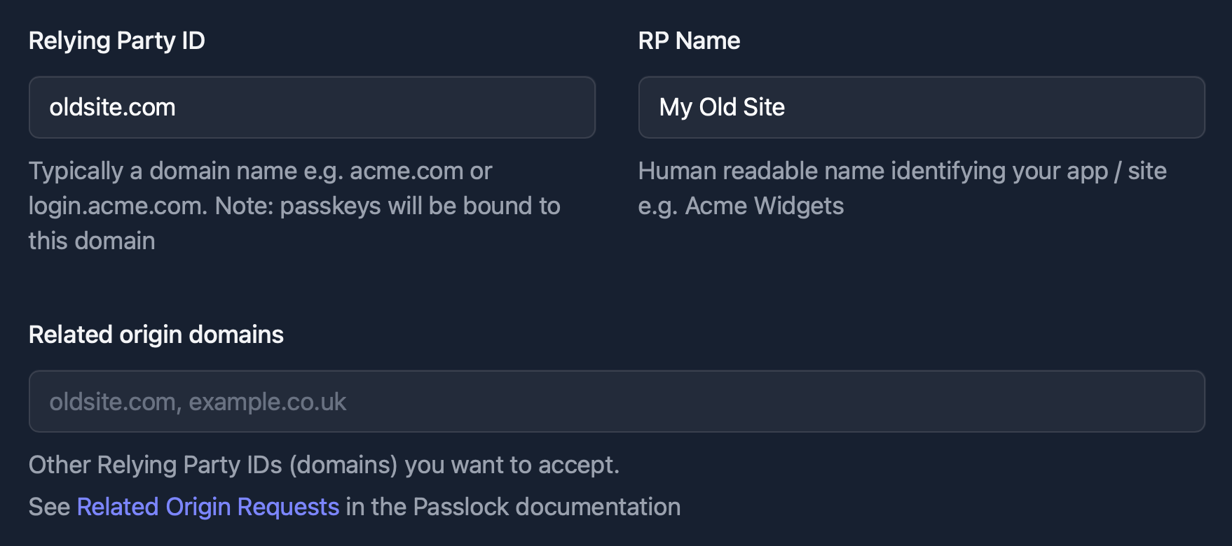 Passlock tenancy settings for oldsite.com