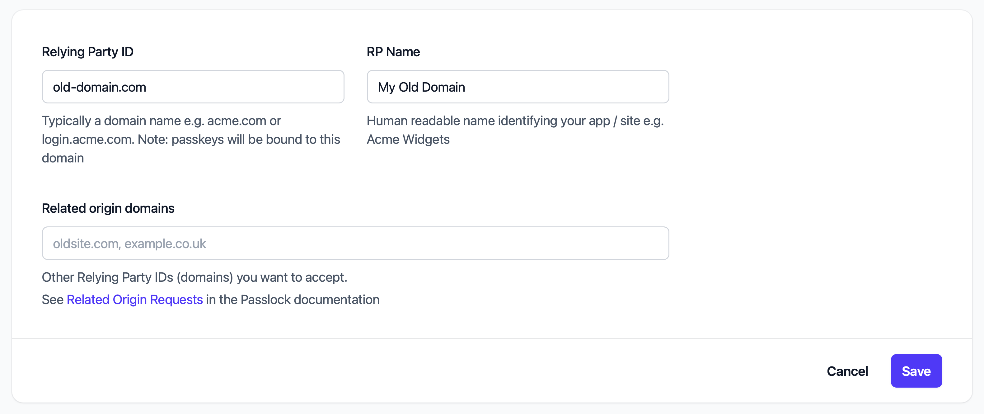 Passlock tenancy settings for old-domain.com